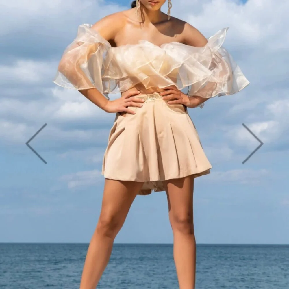 LIBRA RISING HIGH WAISTED PLEATED CUTOUT SHORT IN BEIGE - Picture 6 of 9